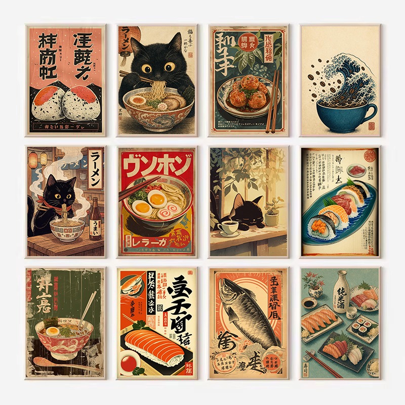 Japanese Lifestyle And Food - Lukisan Kanvas Poster Makanan Kucing Vintage