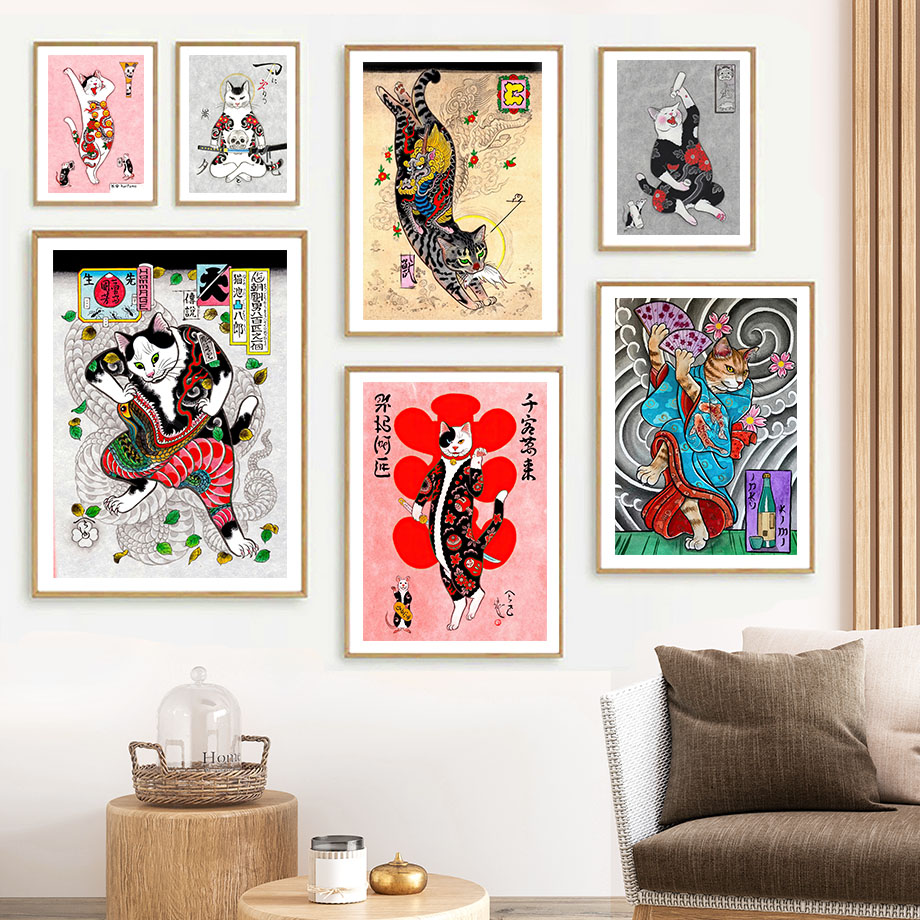 Japanese Traditional Lifestyle - Seni Dinding Kucing Samurai Jepang Ukiyo-e